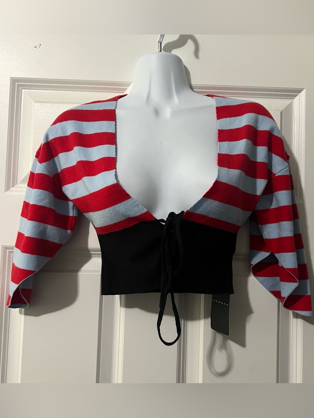 Sumwon Red & Blue Striped Tie Front Sweater Crop Top